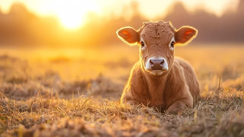 Peaceful Calf in Sunlit Field