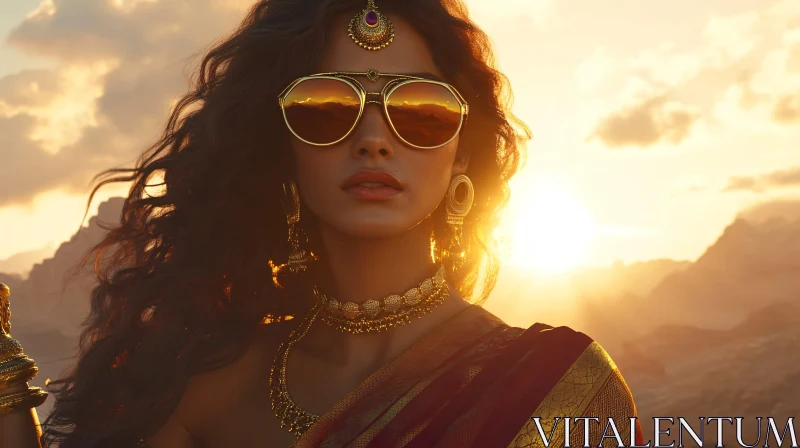 Golden Hour Portrait of Woman with Sunglasses AI Image