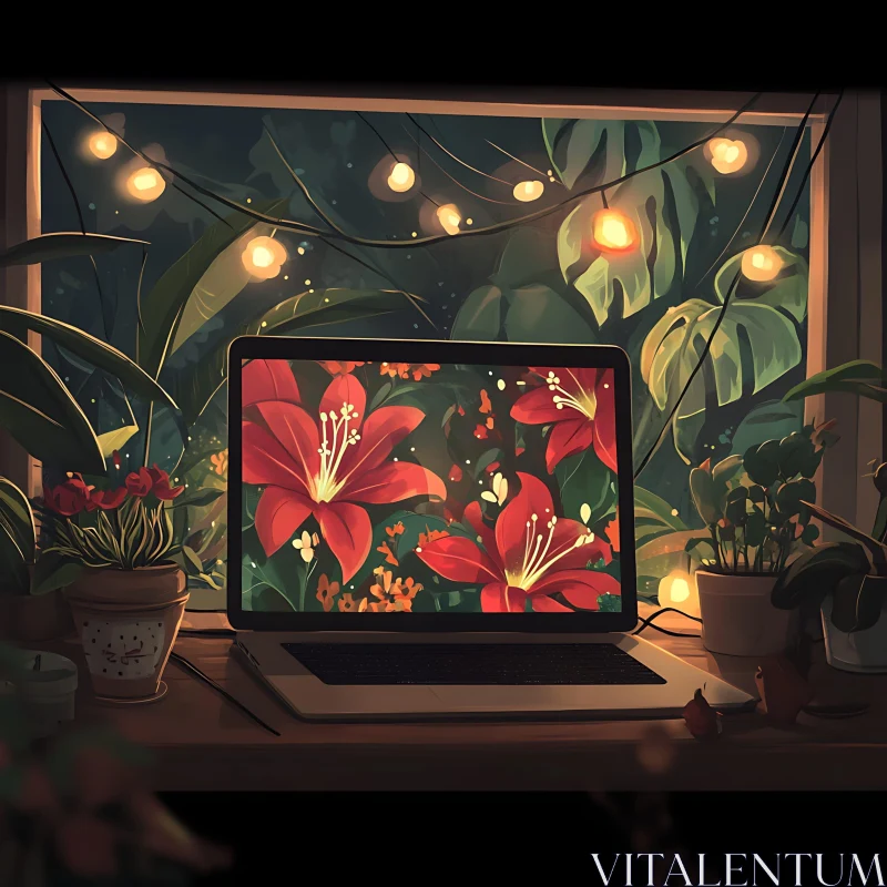 Nighttime Desk with Floral Laptop Wallpaper AI Image