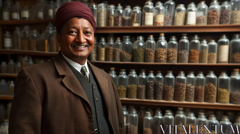 Man in Vintage Shop with Jars AI Image