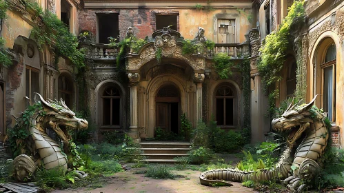 Overgrown Building with Dragon Statues