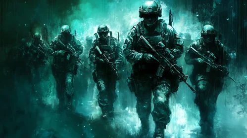 Camouflaged Soldiers Marching in Teal Haze