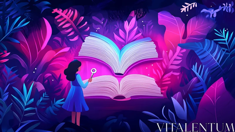 Whimsical Book Illustration with Girl and Flora AI Image