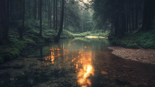 Calm River in a Dense Forest with Sunlit Reflections