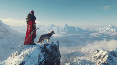 Red Warrior with Wolf on Mountain Top