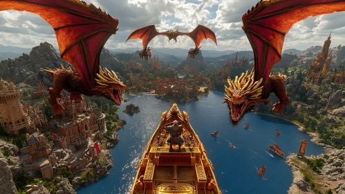 Dragons Flight Above Golden Boat