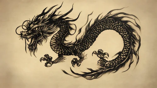 Detailed Dragon Drawing on Beige Background