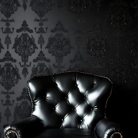 Luxurious Interior with Black Leather Chair and Ornate Wallpaper