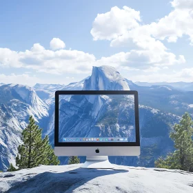 Mountain Landscape Reflected on a Computer Monitor