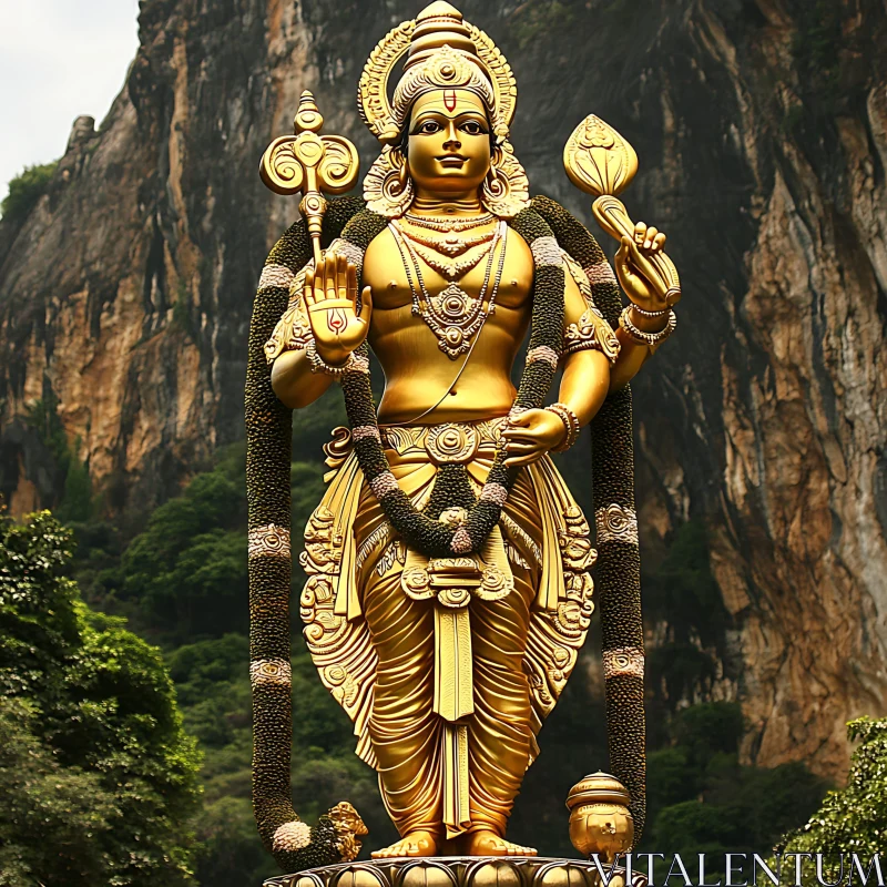 Majestic Golden Statue with Mountain Backdrop AI Image