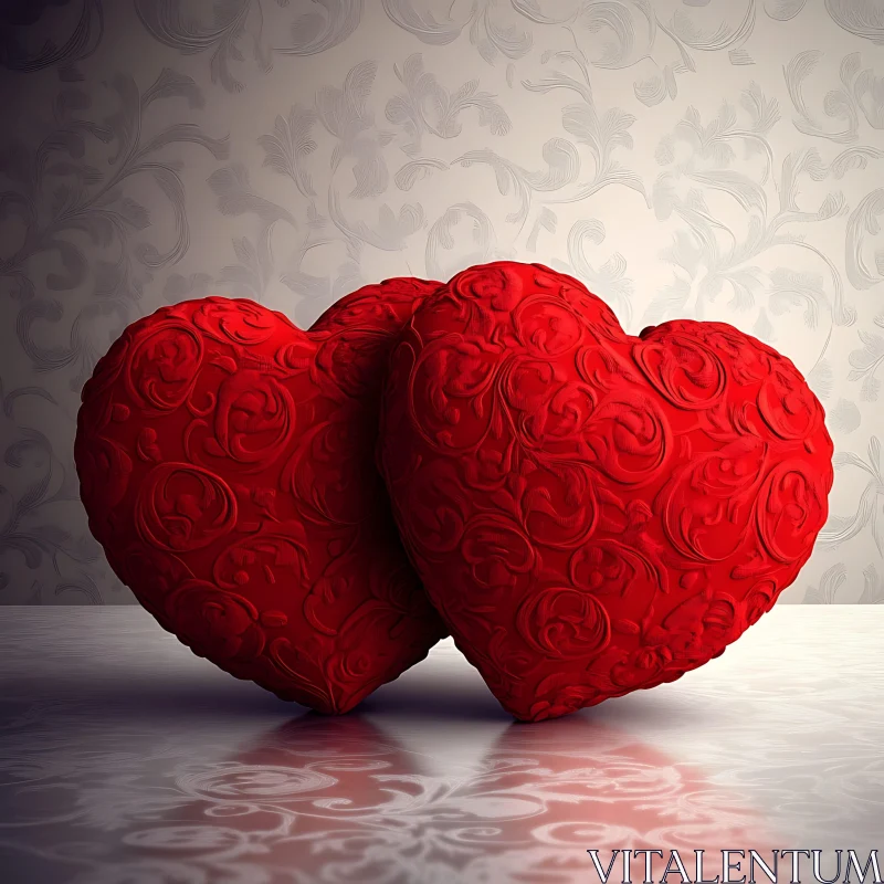 AI ART Two Red Hearts on Floral Background