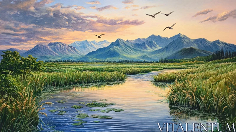 AI ART Peaceful Mountain Sunset Landscape with River and Birds