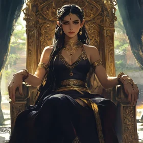 Regal Woman in Dark Dress on Golden Throne