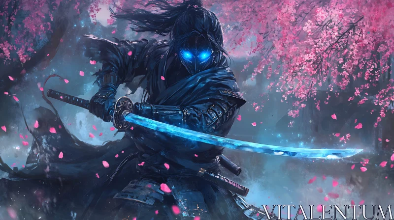 Warrior in Cherry Blossom Garden AI Image