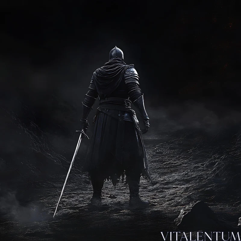 AI ART Armored Knight in Shadowy Landscape