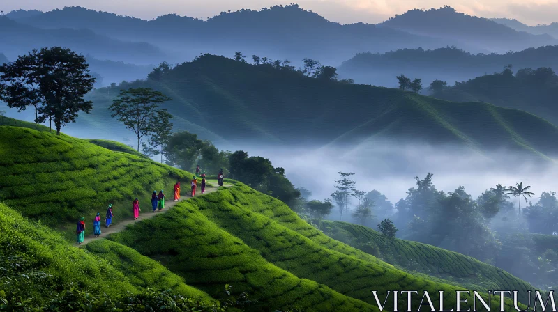 Green Tea Plantation with Local People AI Image