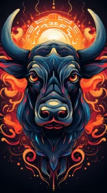Angry Bull in Flames: A Psychedelic Realism Illustration