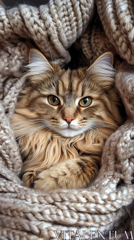 Fluffy Cat in Warm Blanket AI Image