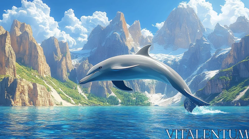 Dolphin Leaping in Mountainous Landscape AI Image