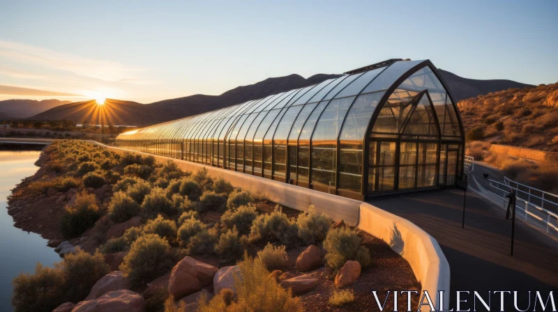 Captivating Glass Greenhouse at the Shoreline with Desert Sky AI Image
