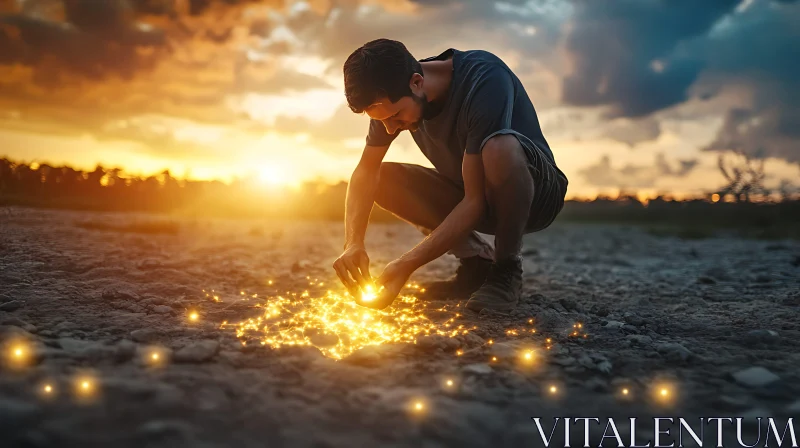 AI ART Sunset Magic: A Man and His Sparks