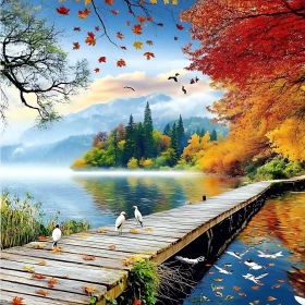 Serene Autumn Lake with Birds and Pier