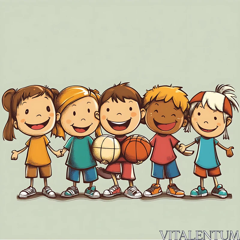 AI ART Cartoon Kids Holding Hands and Balls