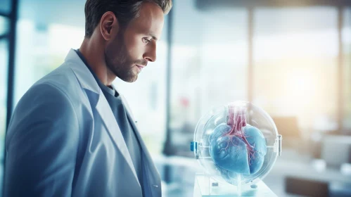 Hyper-Realistic Sci-Fi Art: Male Doctor Observing Heart Model in Glass Vitrine