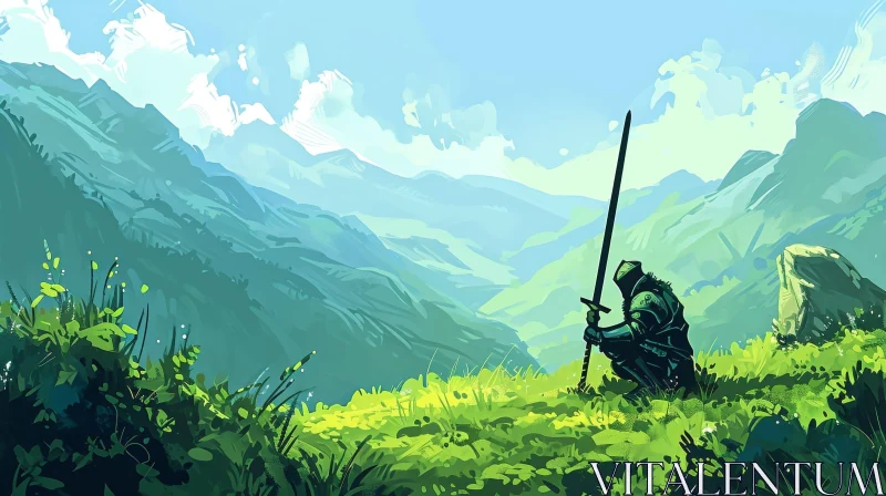 Knight in Field Digital Painting | Landscape Artwork AI Image
