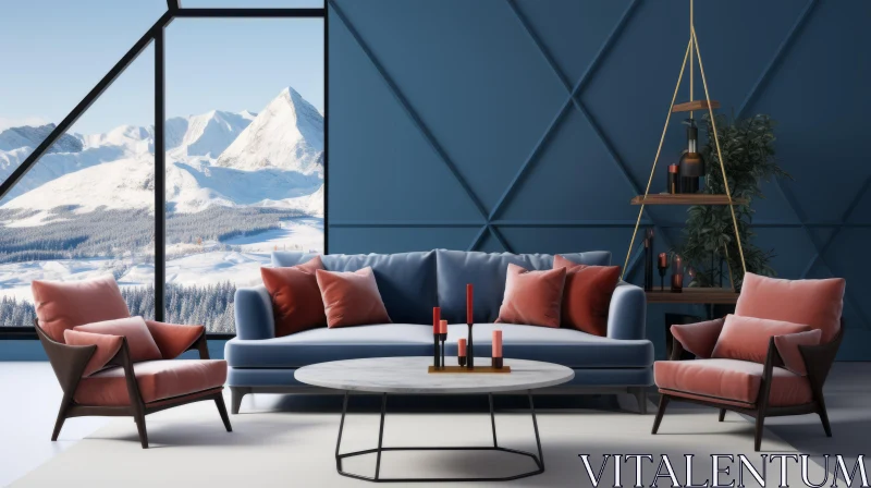 Minimalist Interior Design with Snowy Mountain View AI Image