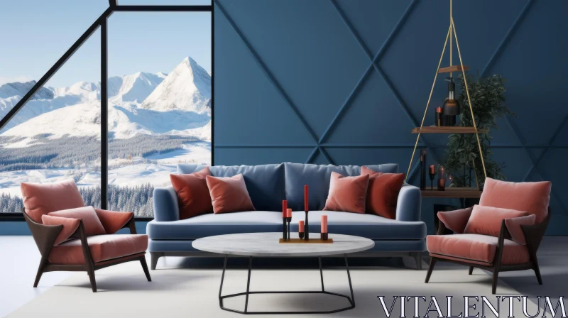 AI ART Minimalist Interior Design with Snowy Mountain View