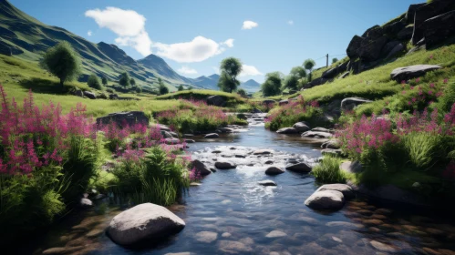 Serene Stream in a Picturesque Valley with Vibrant Flowers | Unreal Engine Landscapes