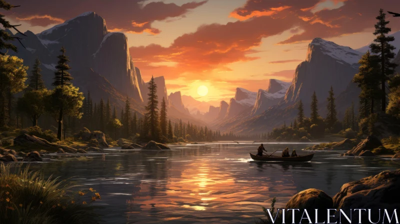 Serene Sunset Landscape by the River With Majestic Mountains AI Image