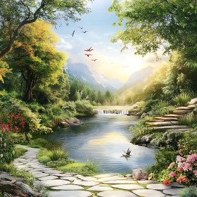 Tranquil Stream in a Verdant Setting with Mountain Backdrop