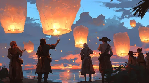 People Releasing Lanterns on Beach