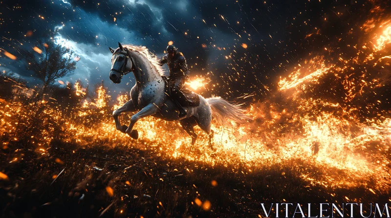 Armored Knight Riding Through Flames AI Image