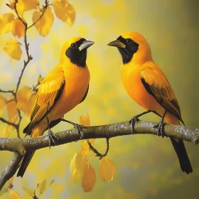 Two Yellow Birds on Branch