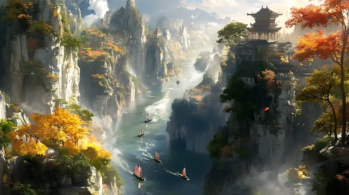 Serene River Scene with Cliffside Pagodas