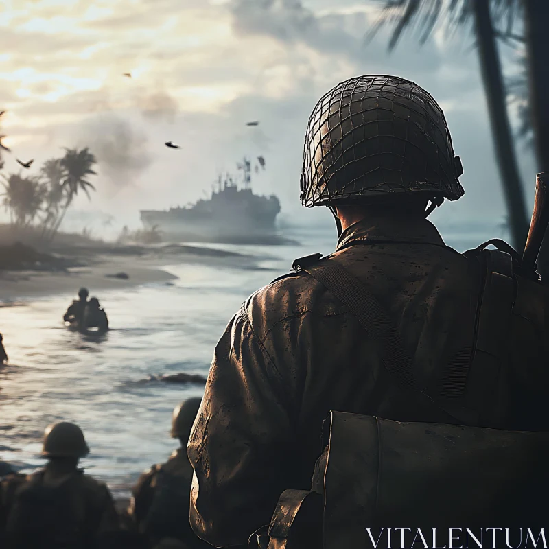 Soldier on Beach, Ship in Distance AI Image