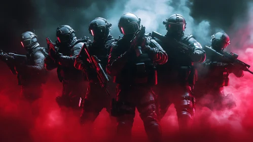 Armed Soldiers in Red Smoke