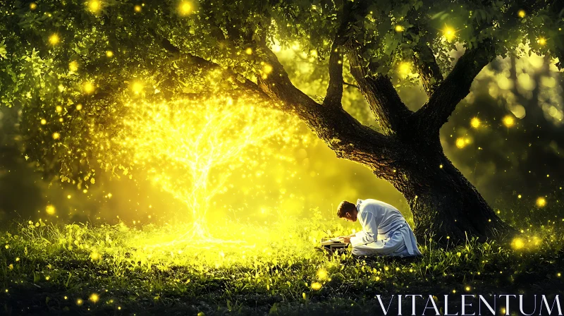 AI ART Man Reading Under a Glowing Tree