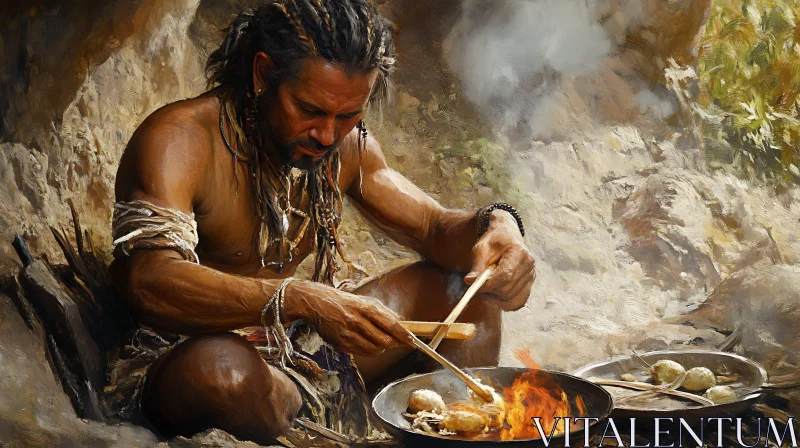 AI ART Caveman Cooking Over Open Flame