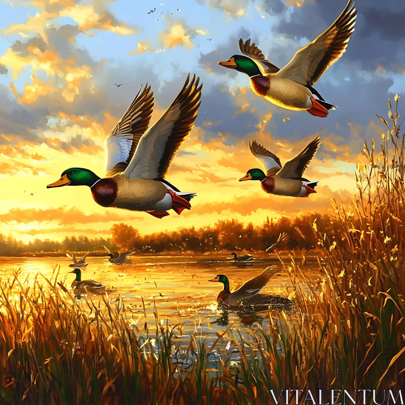 Sunset Flight of Ducks over Water AI Image