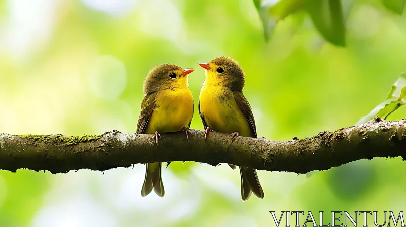 Yellow Birds on Tree Branch AI Image