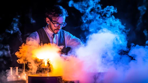 Man Performing Science Experiment with Smoke