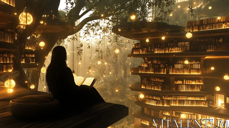 AI ART Woman Reading in Illuminated Magical Library