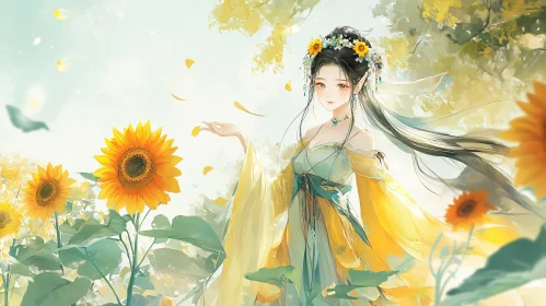 Fantasy Elf in Sunflower Field Artwork