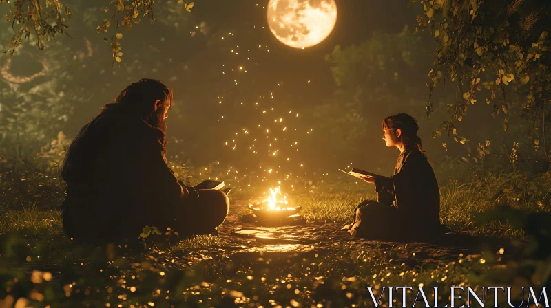 AI ART Campfire Readers Under Moonlit Night