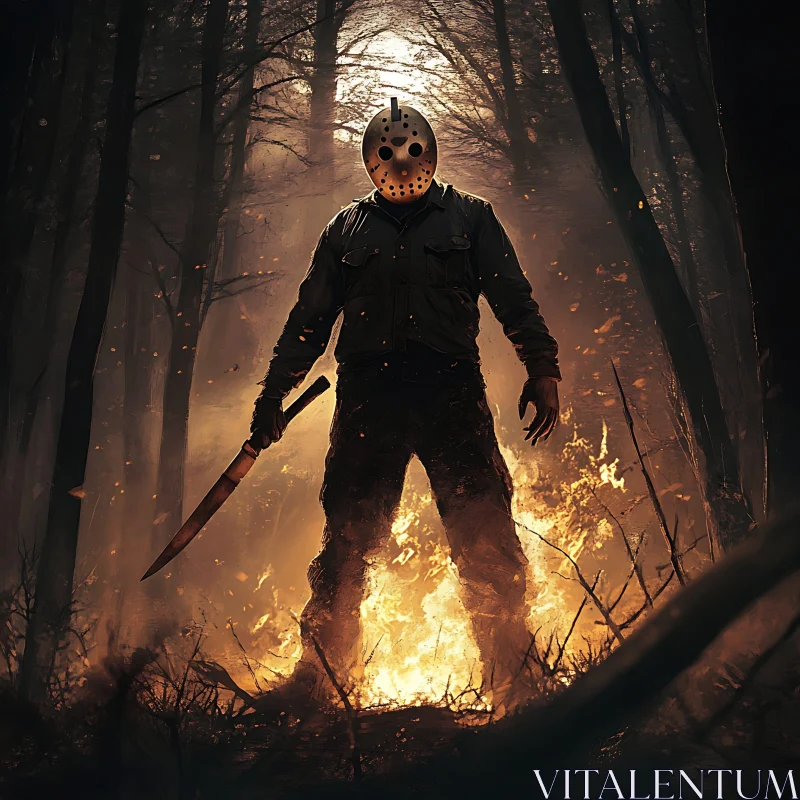 AI ART Ominous Masked Figure in Burning Forest