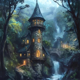 Mystical Stone Tower by Waterfall